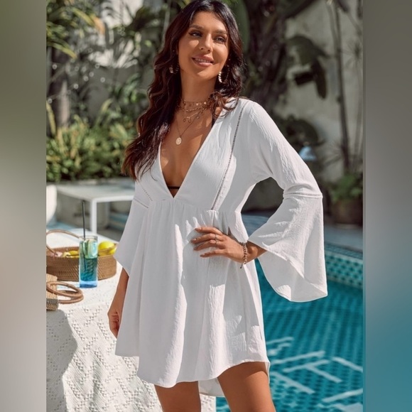 BLOOMING JELLY dress suit coverup lace inlaid deep V-neck bell sleeve NEW size S - Picture 2 of 12